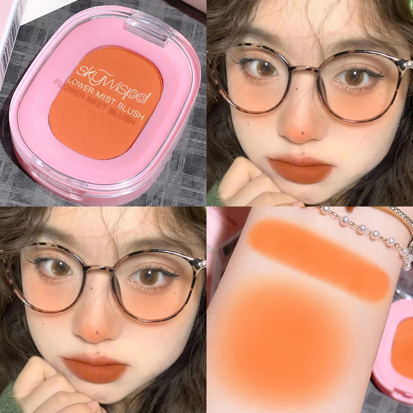 Monochromatic blush powder, fine matte finish, brightens skin tone﻿