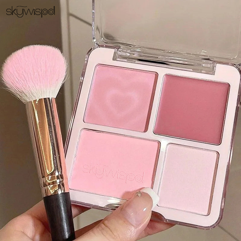 4 Color Pink Peach Blush Powder Cream Palette Highlighter Matte Expanding Color