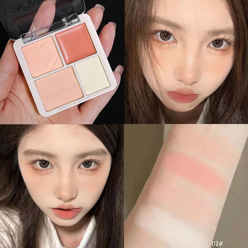 4 Color Pink Peach Blush Powder Cream Palette Highlighter Matte Expanding Color