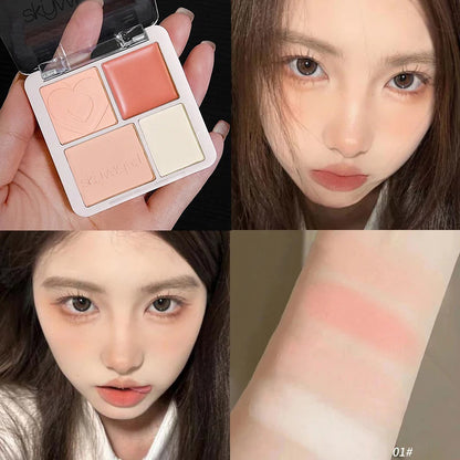 4 Color Pink Peach Blush Powder Cream Palette Highlighter Matte Expanding Color