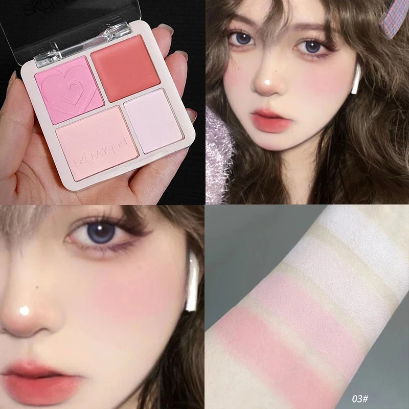 4 Color Pink Peach Blush Powder Cream Palette Highlighter Matte Expanding Color